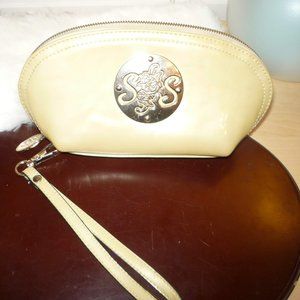 Vintage muted lime green color zip closure wrist strap inner pocket clutch